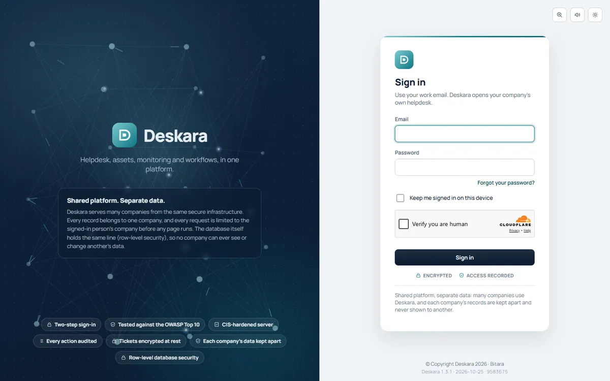 Deskara's sign-in page: a navy network illustration explaining shared platform, separate data, beside the sign-in form