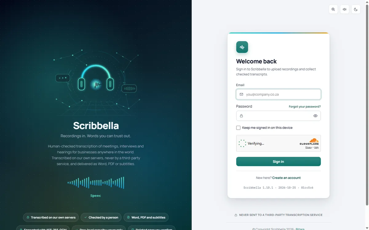 Scribbella's sign-in page: a dark teal panel with a headset illustration and security badges beside a clean sign-in form